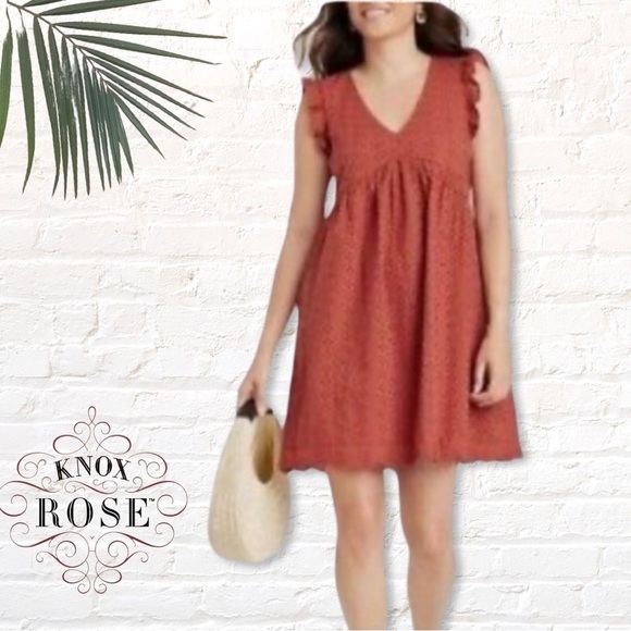 Knox Rose Short Sleeve Eyelet Mini Dress in Rust Brown Size XS - Picture 1 of 9